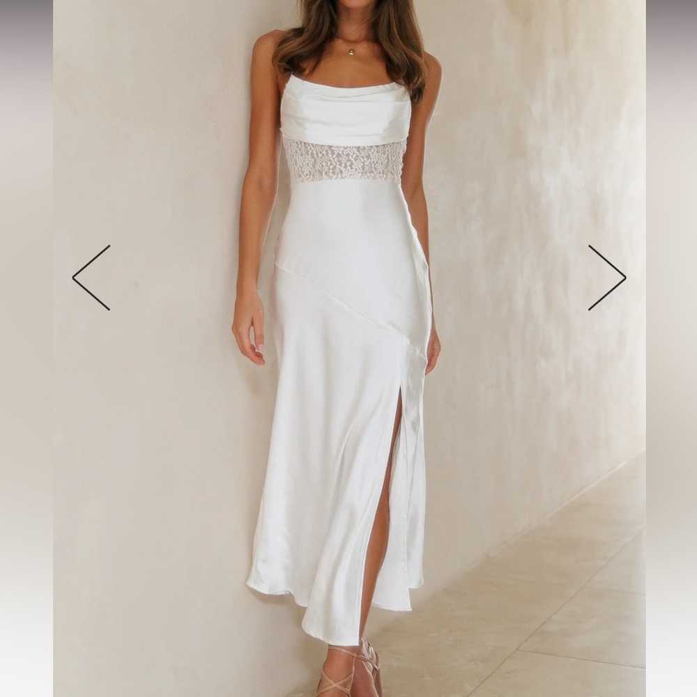 Hello Molly White and Lace Satin Midi Dress with Slit